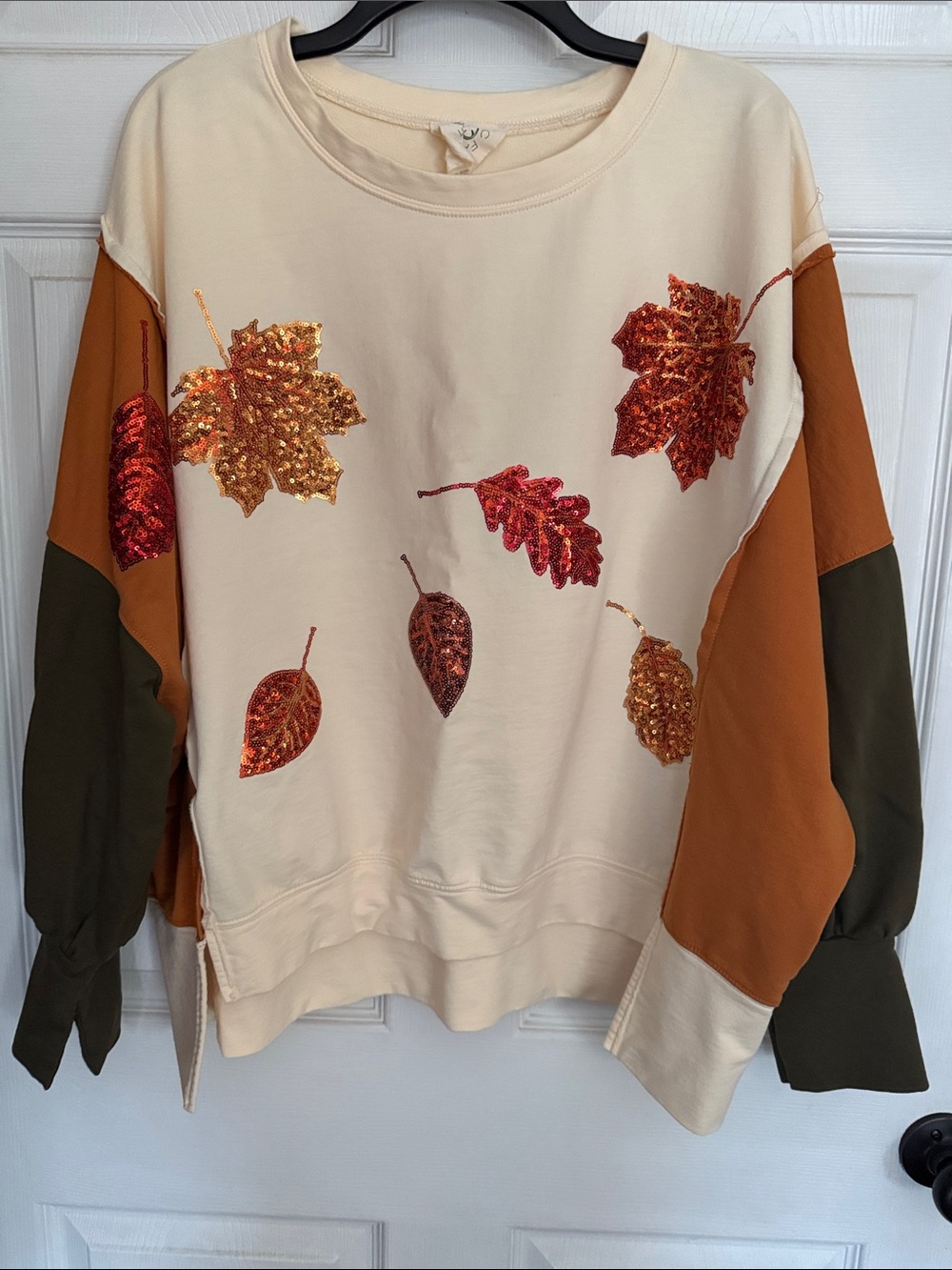 Embroidered Sequin Leaf Cream & Rust Colorblock Sweatshirt. Fits like an Xl